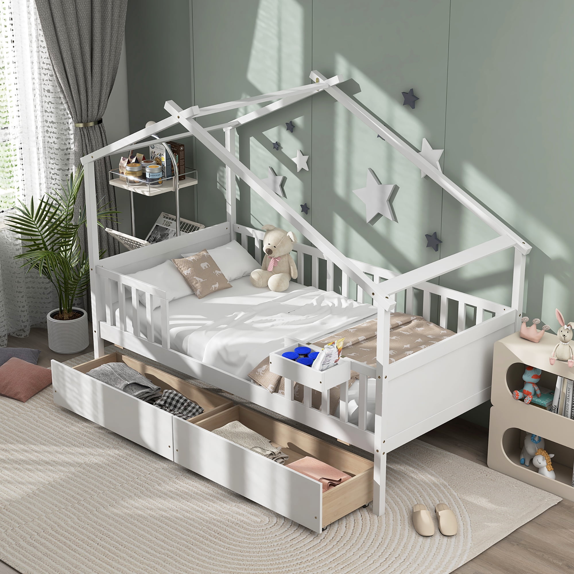 Gymax Twin House Bed w/ 2 Storage Drawers Roof & Fence Rails Headboard & Footboard