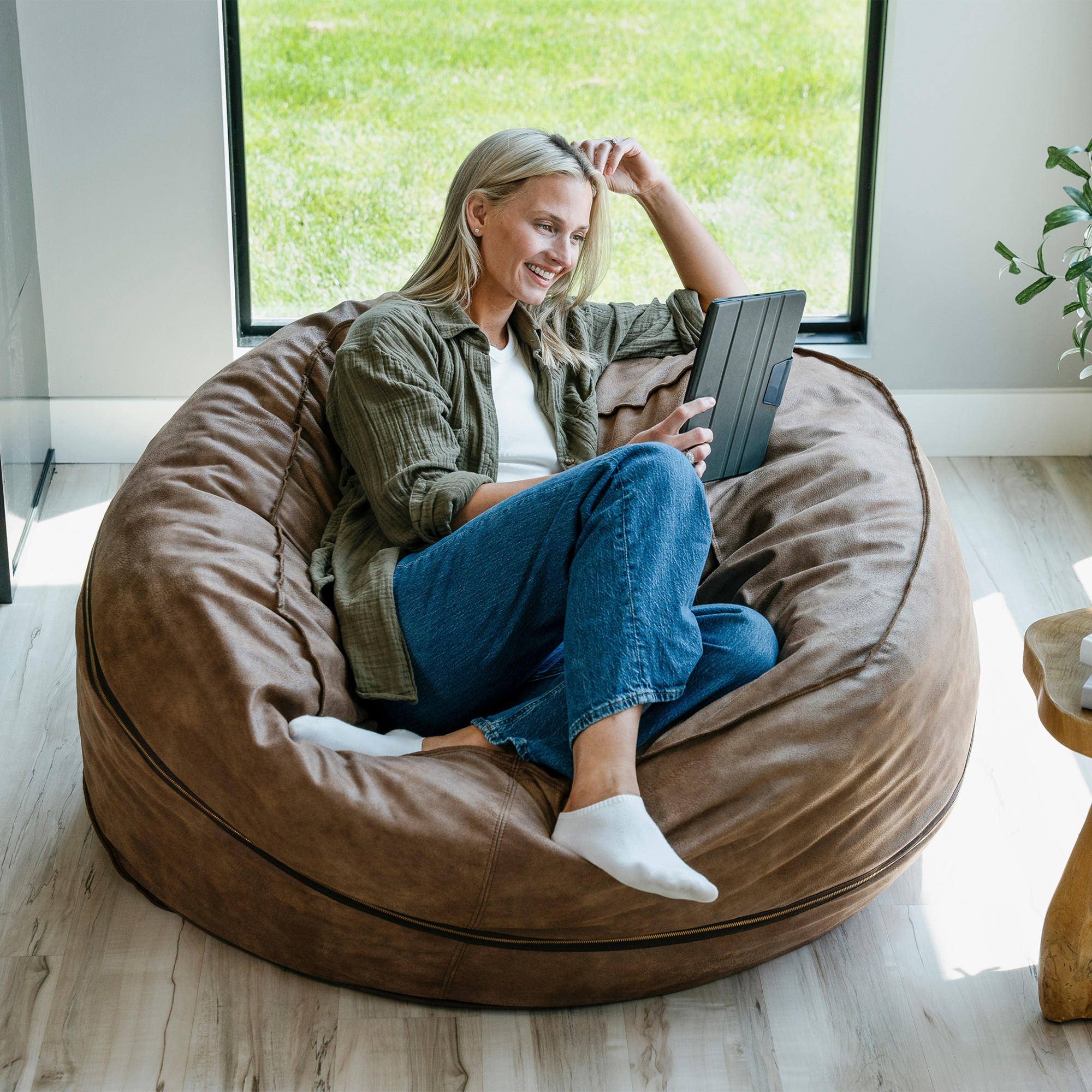 Big Joe Fuf 5Ft Oversized Foam Bean Bag Chair for Kids, Teens, Adults, Coffee Soft Vegan Leather, 5 foot Large Reading and Gaming Seat