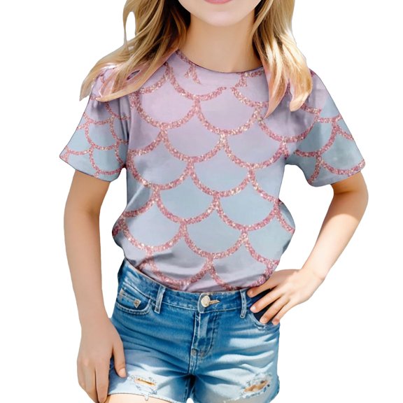 MIXUE Toddler Girls Tops & T-Shirts Children Fish Scale Print Round Neck Short Sleeve Casual Comfortable Pullover Tee Shirts Sportwear,Purple,3-4 Years