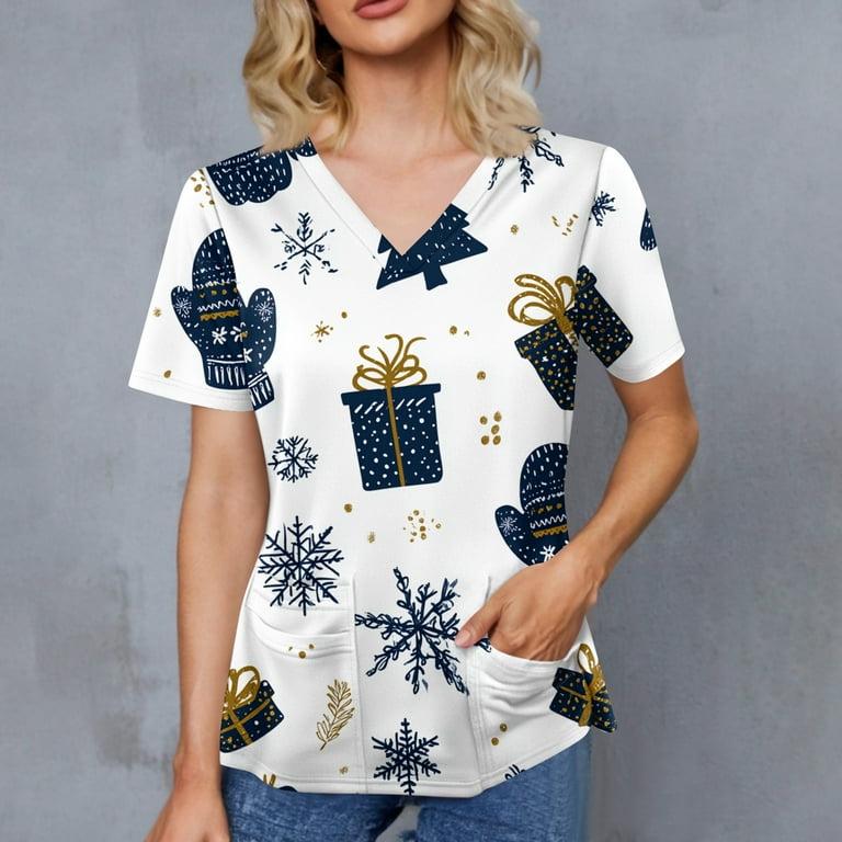 STICHOU Christmas Scrub Tops for Women Plus Size Snowflake Print