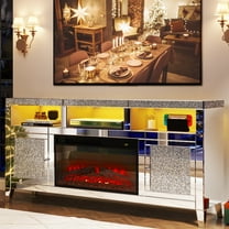 COSVALVE Mirrored Fireplace TV Stand for 65  Inch TV, Silver Console Table Entertainment Center with LED Light