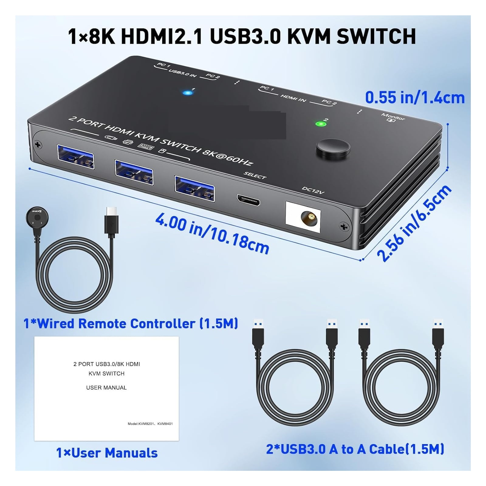 USB 3.0 KVM Switch 8K60Hz with 3 USB3.0 Switch for 2 Computers Sharing 1 Monitor Keyboard Mouse with 2 USB Cables
