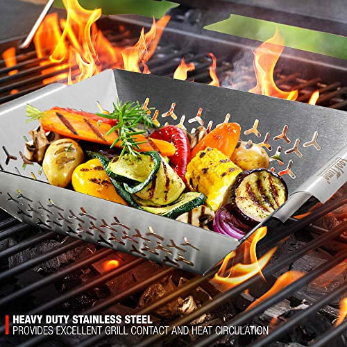 Cook Time BBQ Grill Vegetable Basket Stainless Steel Grilling Woks-Non Stick Large Veggie Barbecue Accessory for Outdoor Grill,Heavy Duty 1.5X Thicker,13.75X12X2.5inches
