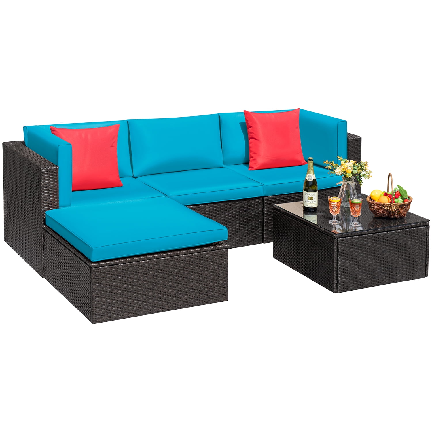 Devoko 5 Pieces Patio Sectional Set Outdoor Rattan Sofa with Glass Table, Blue