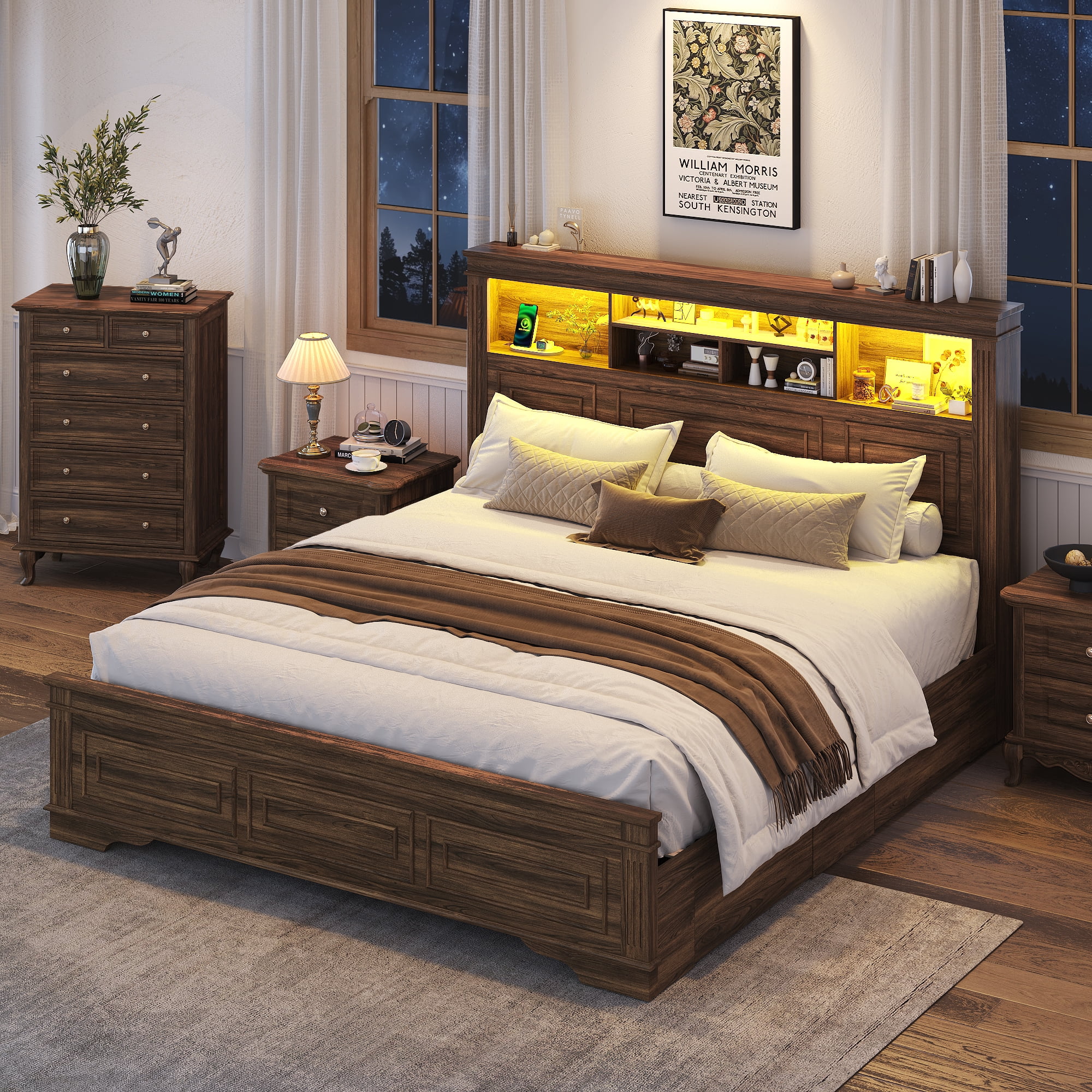 ANPOO Farmhouse King Size Bed Frame with 51" Tall Headboard & 4 Drawers, King Bed Frame and Headboard with LED Lights & Charging Ports, No Box Spring Needed, Wooden, Rustic Brown