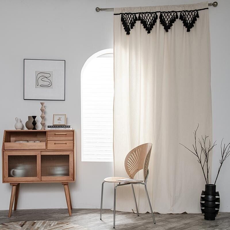 Windows Curtains Vintage Cotton with Black Triangular Fringe for
