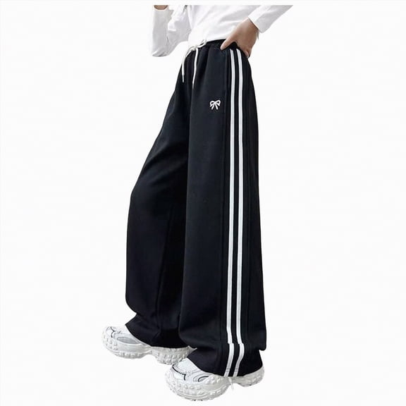 NIEWTR Girls Spring Casual Sweatpants Wide Straight Leg Loose Fit Lounge Pants Elastic Waist Drawstring Joggers with Pockets(A01-Black,9-10 Years)