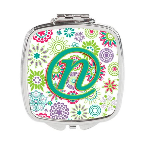 Carolines Treasures  Letter N Flowers Pink Teal Green Initial Compact Mirror