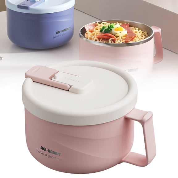 1500ml Insulated Stainless Steel Ramen Bowl with Handles – Pink Noodle Soup Cooker with Built-in Strainer & Phone Holder, College Dorm, Office, Home Lunch Box