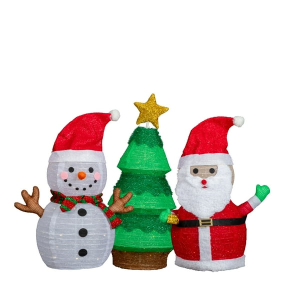 Set of 3 Lighted Santa and Snowman and Xmas Tree Christmas Decorations, Pre-lit Pull Up Holiday Decor with 150 Warm White LED Lights for Xmas Outdoor Indoor Decor Lighted Holiday Displays