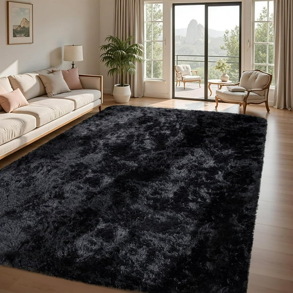 8x10 Area Rug for Living Room:Ultra Soft Fluffy Shag Black Rugs,Large Fuzzy Plush Indoor Non Slip Carpet Washable Rug for Bedroom Kids Nursery Office Dorm Modern Decor(Black)