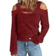 thumbnail image 2 of Womens Off Shoulder Tops Long Sleeve Knit Pullover Cold Shoulder Cute Tee Blouses Spring Plain Tshirt, Red S, 2 of 5