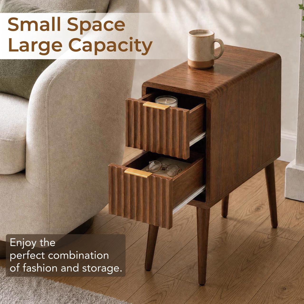 Spruce & Spring Mid-Century Modern Fluted Narrow Nightstands with 2 Drawers & Gold Handles for Bedroom, End Table for Small Spaces, Walnut