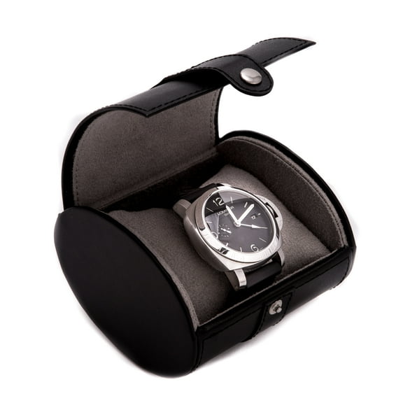 Black Leather Single Watch Travel Case with Snap Closure