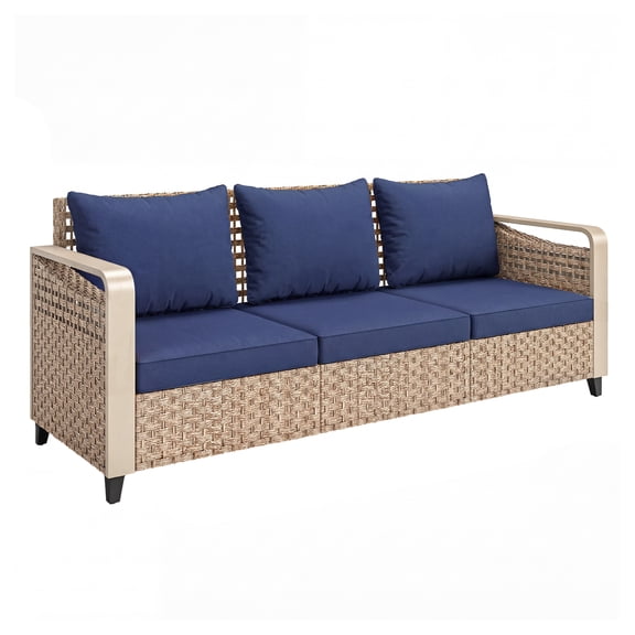 Rattan Wicker Sofa 3-Seater Outdoor Patio Sofa with Cushions Dark Blue