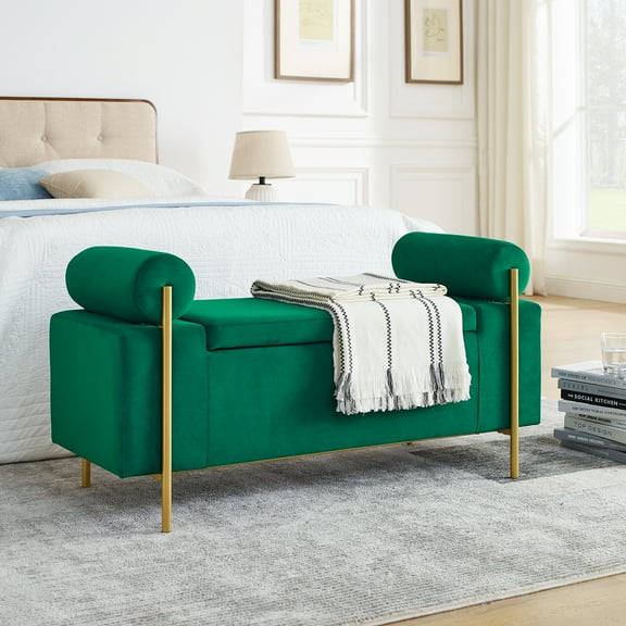 Velvet Storage Bench - Elegant Upholstered Bench with Cylindrical Arms and Iron Legs-Green