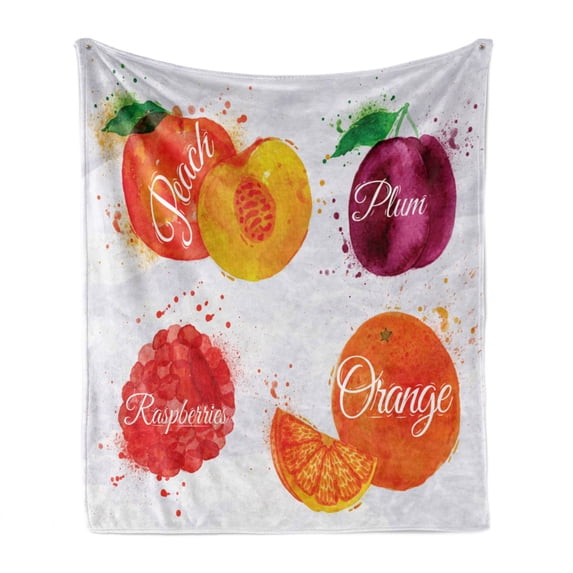 Fruit Soft Flannel Fleece Throw Blanket, Watercolor Grunge Background with Paint Splashes Peach Raspberry Plum and Orange, Cozy Plush for Indoor and Outdoor Use, 50" x 60", Multicolor, by Ambesonne