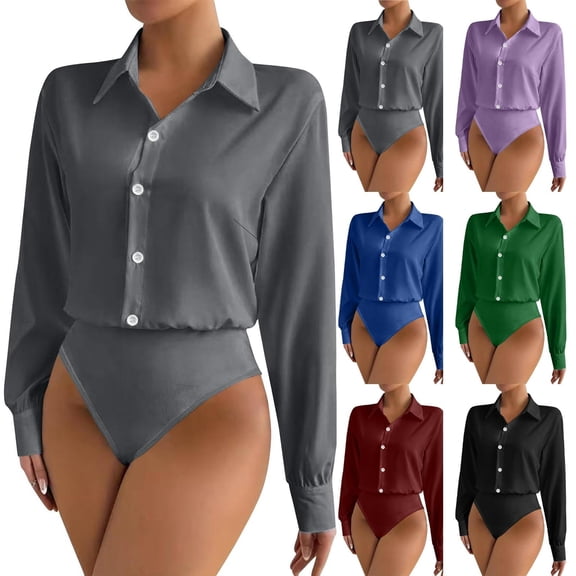 Vetsdori Women's Long Sleeve Shirts Bodysuit Collar Button down Blusas Plain Blouses,Tops for Ladies