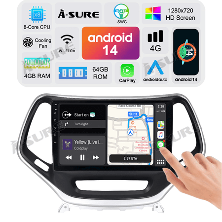 Asure 10.1" 4+64G Car Stereos For Jeep Cherokee (KL) (2014-2018) with Android Auto and CarPlay Radio/BT 5.0/Navi