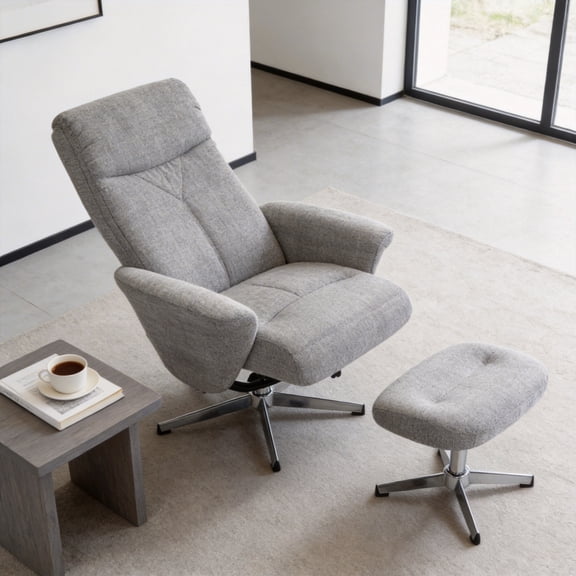 Swivel chenille Recliner with Ottoman Chair Modern Armchair Ergonomic Push Manual Reclining Footrest Upholstered Bedroom Living Room Reading Home Relax Office, Light Grey