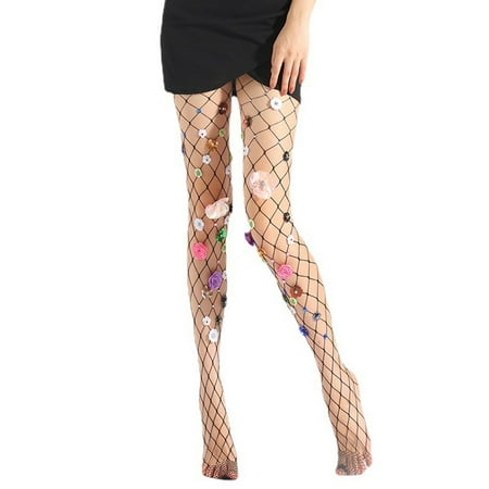 Jesscasday Women Sequins Flower Mesh Tights Hollow Out Fishnet Pantyhose Multicolor for Rhinestone Jewelry Nightclub Stockings Lingerie