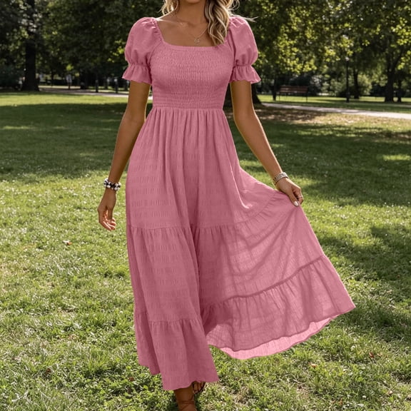 Blmnix Fit & Flare Dresses for Women 2026 Elegant A Line Vacation Dress Dress Short Sleeve Square Neckline Maxi Pink Summer Dresses for Women L