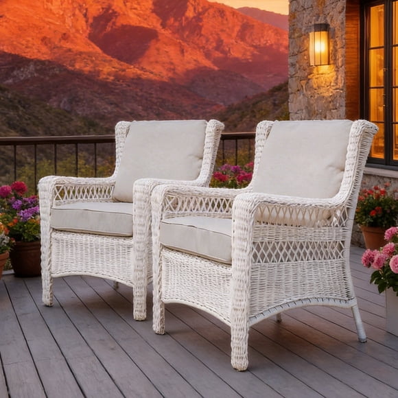 Outdoor Patio Chairs Set of 2 Weather Resistant Wicker Arm Chair Wicker Fire Pit Club Chairs Cushioned for Garden Porch