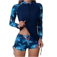 thumbnail image 2 of Kctiaxy Two Piece Swimsuit for Women Modest Rash Guard Bathing Suits Fashion Long Sleeve Printed Crew Neck Front Zipper Top with Shorts, 2 of 7