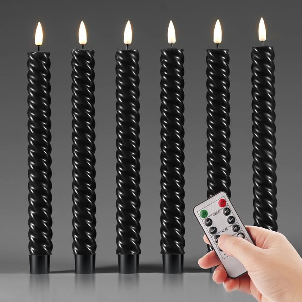 Black Flameless Spiral Taper Candles with Remote, Flickering Battery