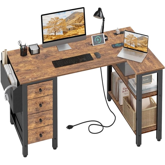 L Shaped Desk with Drawers Storage Shelves and Power Outlet 47 Inch Reversible Corner Desk for Home Office Bedroom Gaming PC Rustic Brown