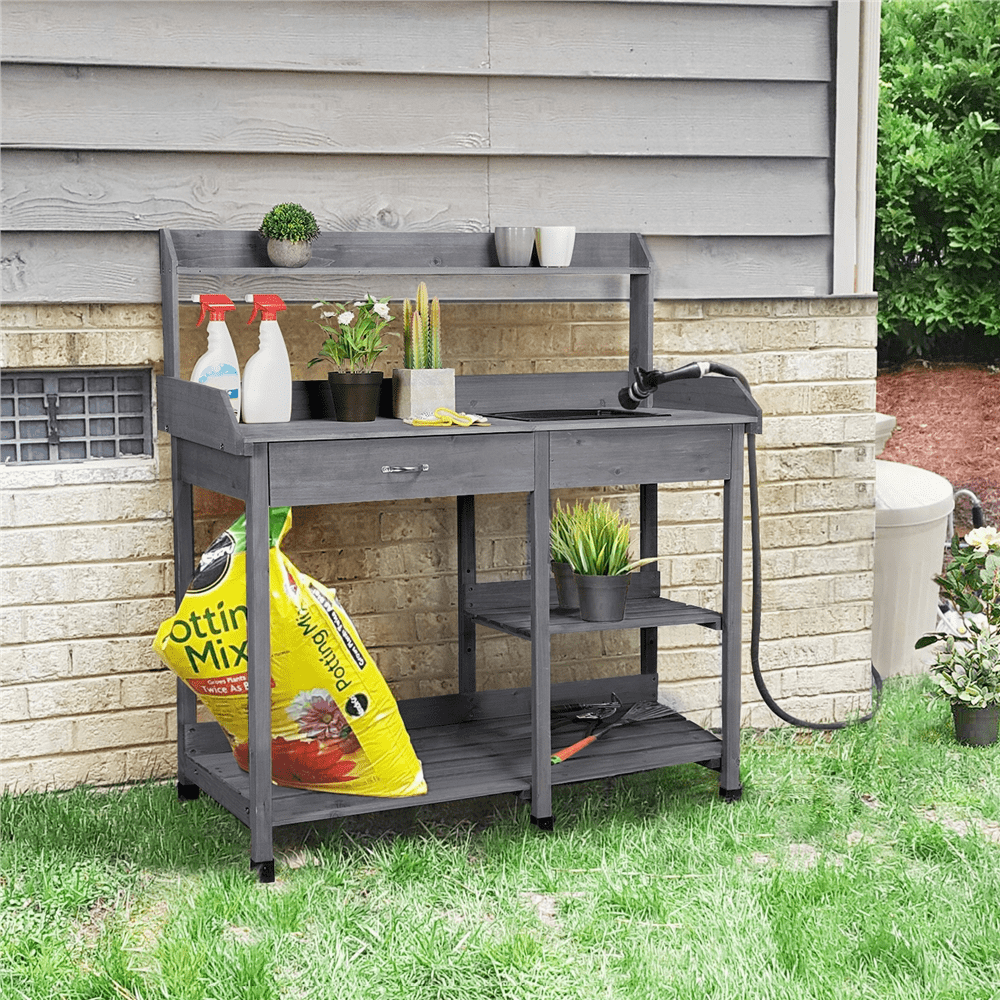 Renwick Fir Garden Potting Bench w/Sink Drawer Rack Shelves,Gray