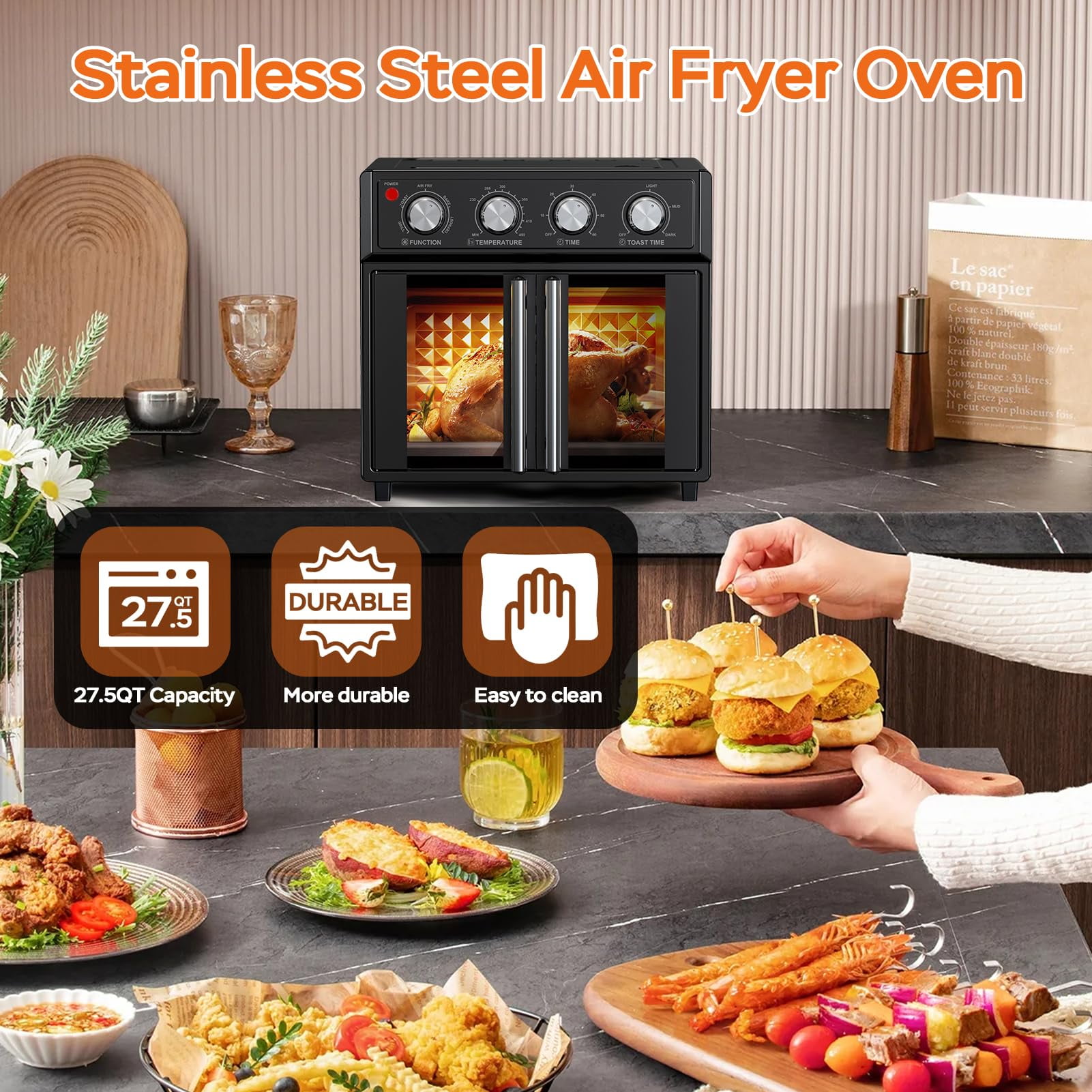27.5 Quart 6 Slices Large French Door  Air Fryer Convection Toaster Oven,  1700W, Multifunction Oven for Air Fryer, Toast, Grill, Defrost, Bake, Time and Temperature Controls, Black