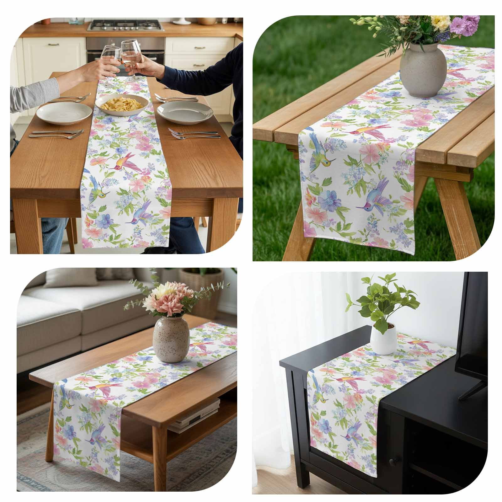 Spring Hummingbird Cotton Linen Table Runner Colorful Birds Dining Table Runners for Home Decor Party Dining Room Restaurant Kitchen 13" x 120"