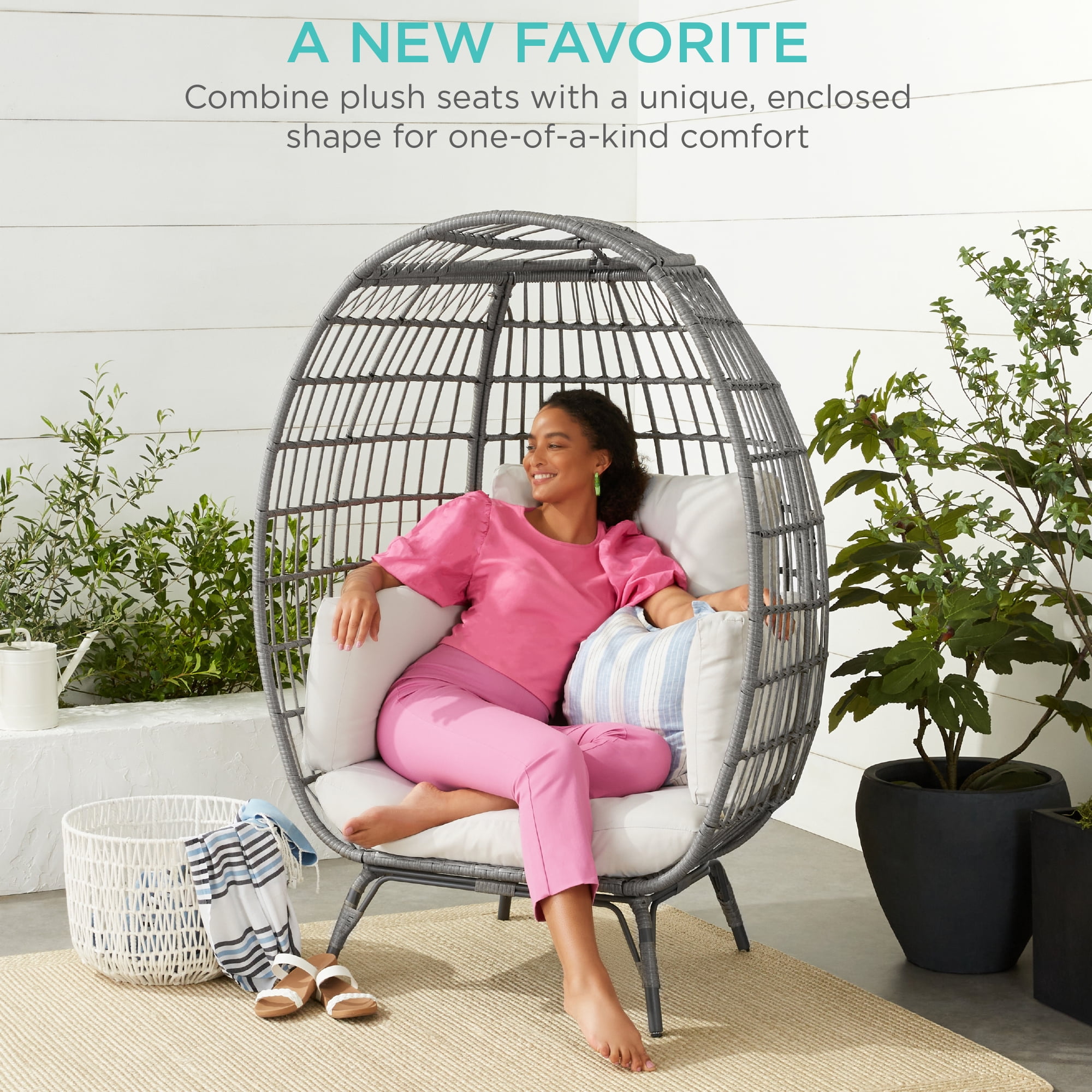 Best Choice Products Wicker Egg Chair Oversized Indoor Outdoor Patio Lounger w 440lb Capacity Gray White Sand