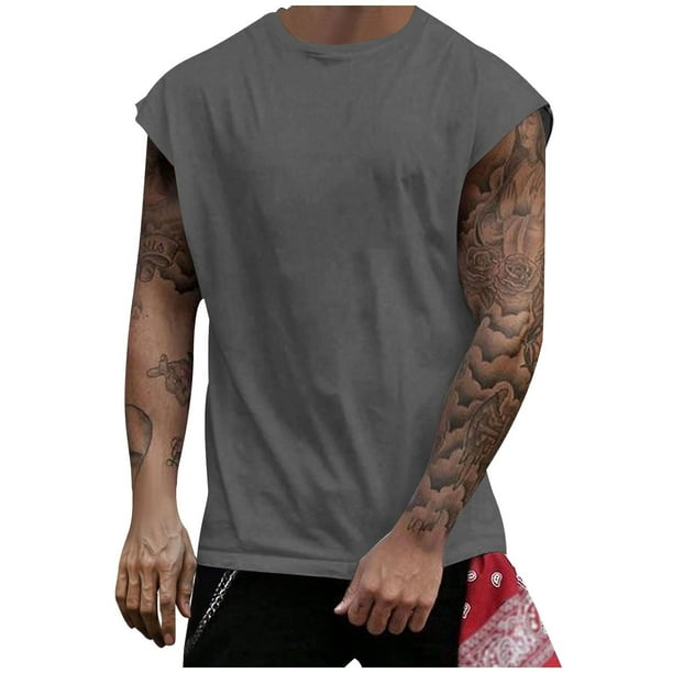 pstuiky Camiseta deportiva sin mangas de malla de color sólido para hombre, transpirable, de alta elasticidad, con cuello redondo, para fitness y musculación.
