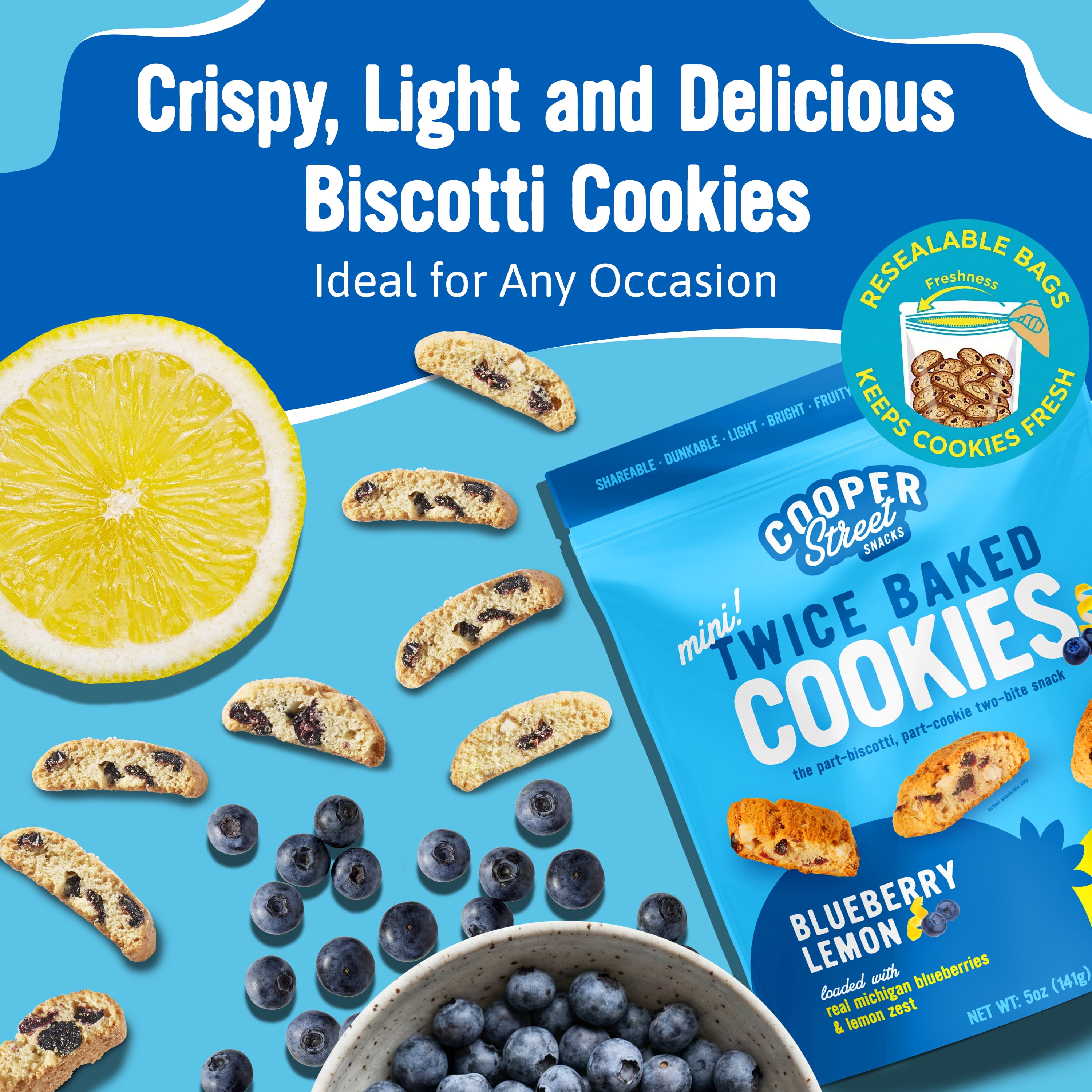 Cooper Street Twice-Baked Lemon Blueberry Biscotti Mini Biscotti Cookies – Dairy, Peanut & Soy Free, Kosher - 5oz - 6 Pack