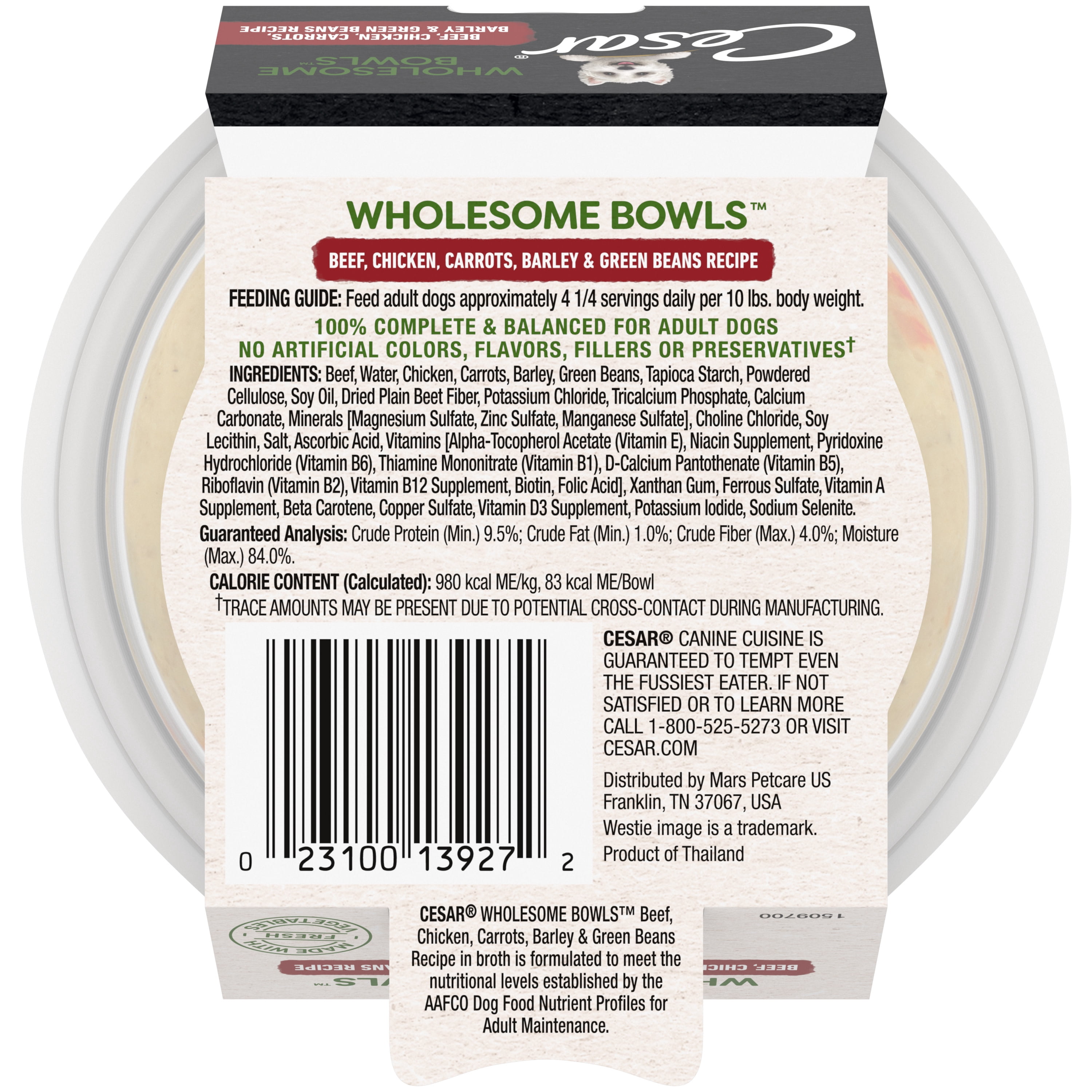 Cesar Wholesome Bowls Beef, Chicken, Carrot, Barley, Green Bean Recipe Wet Dog Food, 3 oz Bowl (10 Count)