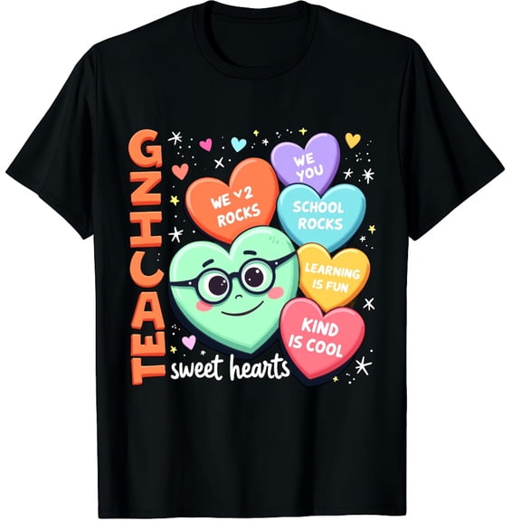 Teaching Sweethearts Teacher Valentine Heart Candy Graphic Black T-Shirt for Men and Women