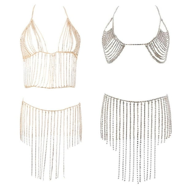 Moda cristal Rhinestone borla Bikini cuerpo cadena regalo Oro Hugo Conjunto de cadena de cuerpo halter con borla