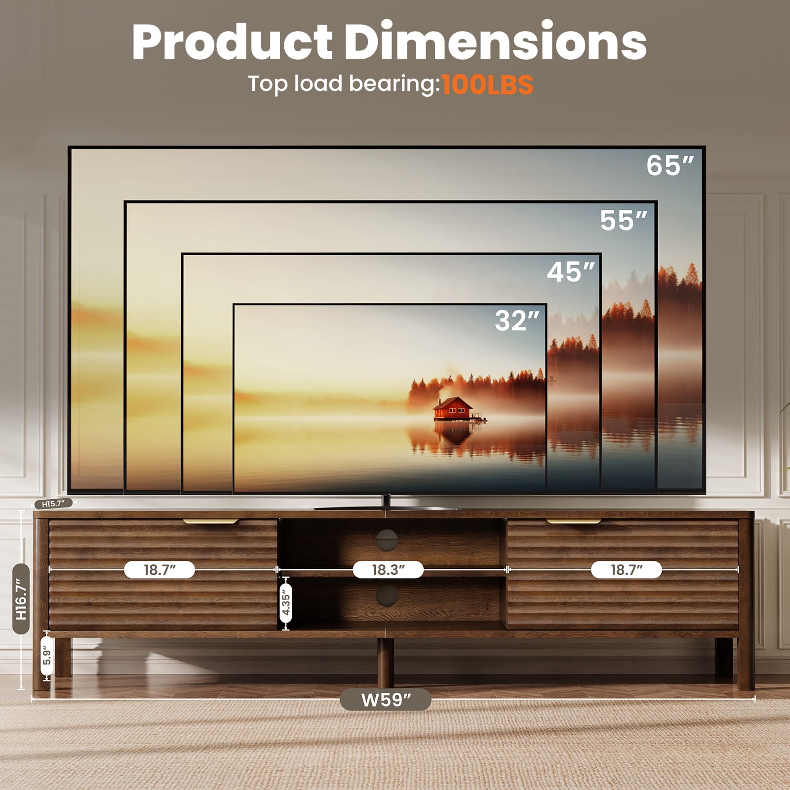 Domusio Fluted TV Stand for TVs up to 65" Mid-Century Media Console with Open Storage Entertainment Center for Living Room, Walnut
