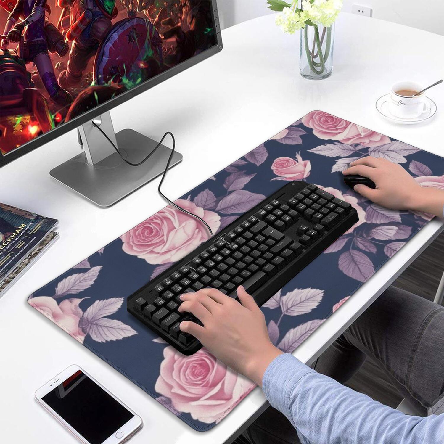 Long Mouse Pads for Desk,Pioneer Flower Floral Print Pattern Desk Mats on Top Of Desks, Desk Mouse Pad Extra Large with 3mm Non-Slip Base and Stitched Edge for Gaming,Office,Work,Home 31.5"x15.7"