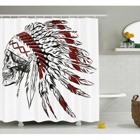 Native Americans Feathers - Native American Shower Curtain, Hand Drawn Ethnic Feather Headdress with Human Skull Vintage Art, Fabric Bathroom Set with Hooks, 69W X 70L Inches, Burgundy Black White, by Ambesonne