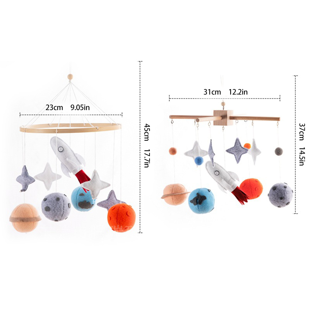 Planet Crib Bell – Baby Bed Hanging Wind Chime with Stars & Rocket Pendants, Wooden Rotating Swaying Bell for Newborn Infant Sensory & Nursery Room Decoration