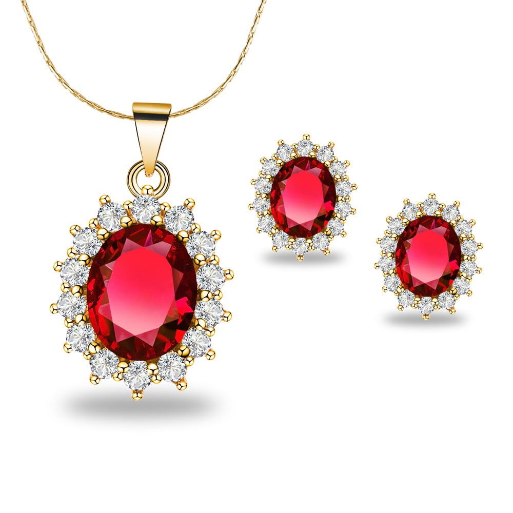 Paris Jewelry 18K Yellow Gold Created Garnet Round 4 Carat Oval Necklace Plated 18 inch