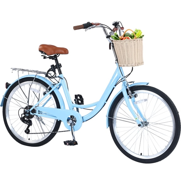 XYJBHB 26" 7-Speed Women's Cruiser Bike, Adult Beach Bicycle with Comfort Seat, Light Blue City Commuter Bike