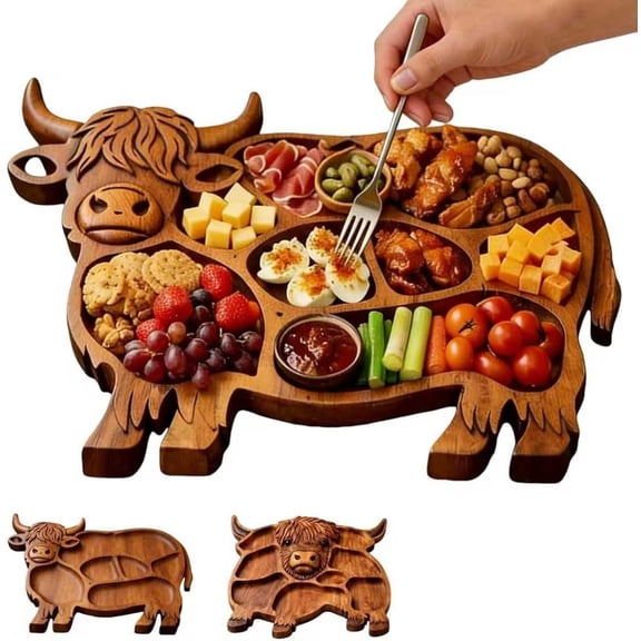 Highland Cow Wooden Charcuterie Board, Board Made from Natural Solid Wood, Cute Cow Shaped Serving Tray with Compartments, for Meat, Cheese, Crackers (B)