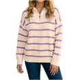 thumbnail image 2 of Womens Knit Tops Striped Quarter Zipper Long Sleeve Fashion Casual Pullover Sweaters for Daily Wear Purple S, 2 of 7