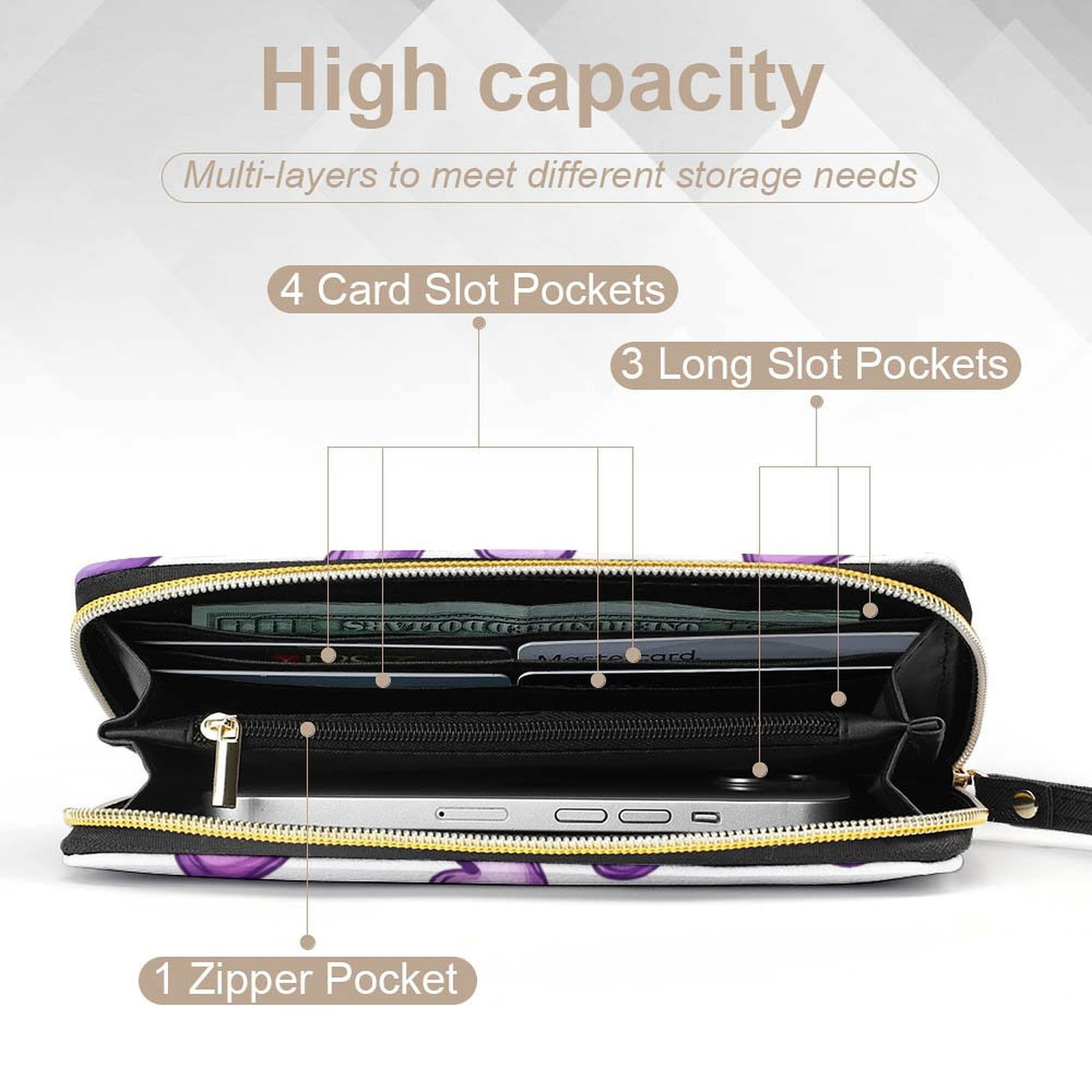 Womens Wallet Bifold Ladies Cluth Bag Wristlet Wrist Strap Long Purse Purple Hearts Design