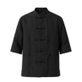 thumbnail image 6 of Men Mandarin Collar Frog Button Linen Button Up Shirt, 3/4 Sleeve Loose Casual Top with Pockets for Summer Vacation Daily Wear Black XL, 6 of 9