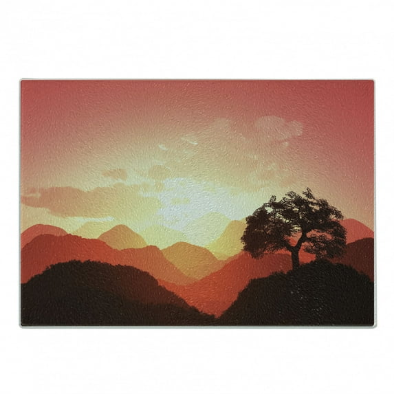 Mystic Cutting Board, Oriental Sunset View with Tree and Mountains Mystique Hills, Decorative Tempered Glass Cutting and Serving Board, Small Size, Coral Orange Dark Brown, by Ambesonne